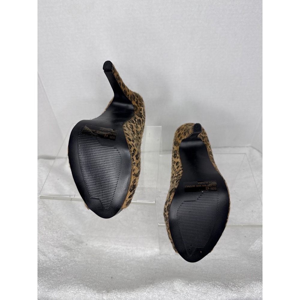 Wild Diva Peep Toe Pump Women 6.5 Brown Faux Hair Leopard Stiletto Platform - Picture 8 of 10